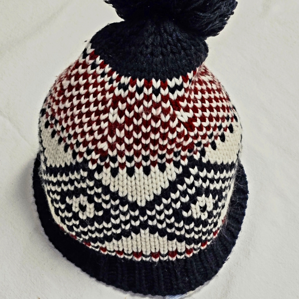 Knitted winter Pompom Beanie with Nordic inspired motif, size small